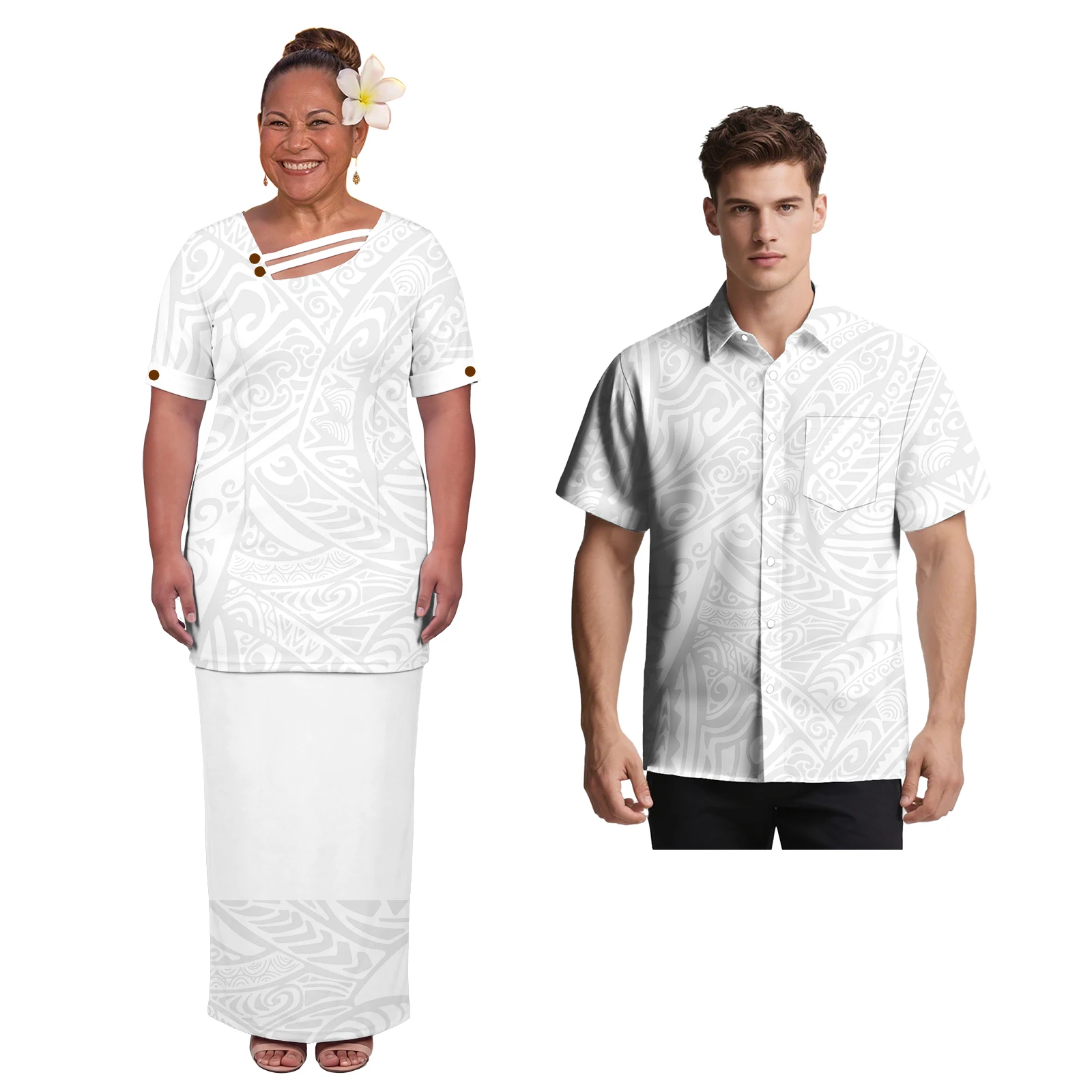 

Lover's Clothes Samoan Polynesian Women Puletasi 2 Piece Set Hawaiian Men Beach Pocket Shirts White Sunday White Couple Outfits