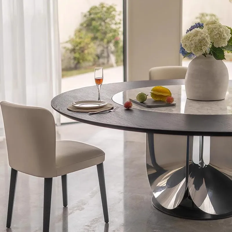 Italiano, minimalista, madeira maciça, incrustado, mármore, mesa de jantar redonda, aço inoxidável, luxo leve, alto sentido