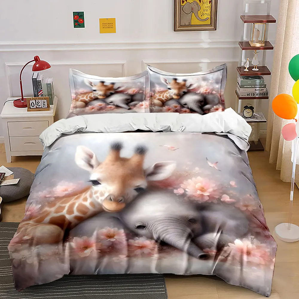 Giraffe and elephant in dreamy flowers Bedding Set for Kids Luxury Gift 3pcs Digital Print Comforter Set Soft Comfortable