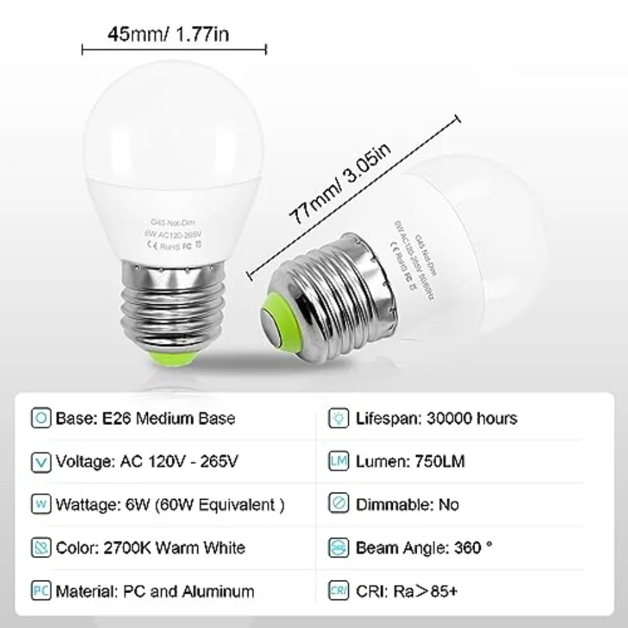 LED 6W = 60 Watt Filament Bulb 2700K Soft White Floor Lamps Ceiling Fan Light Waterproof for Bathroom Mirror Light E26 Globe Ed