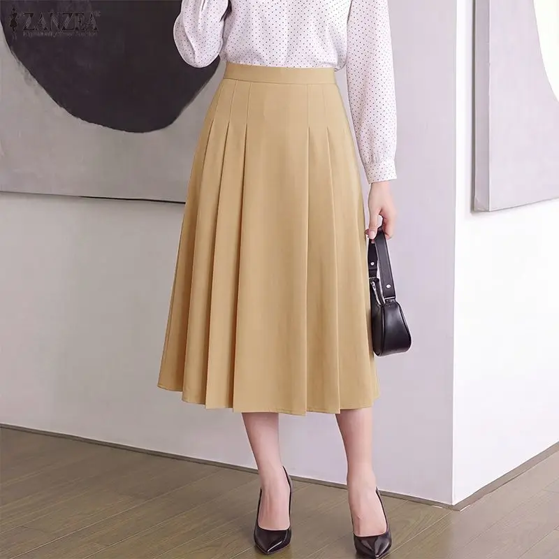 Fashion ZANZEA Elegant OL Work Women Skirts Solid Color Long Skirt Pleated Bottoms Party Vestidos Streetwear Oversize S-2XL
