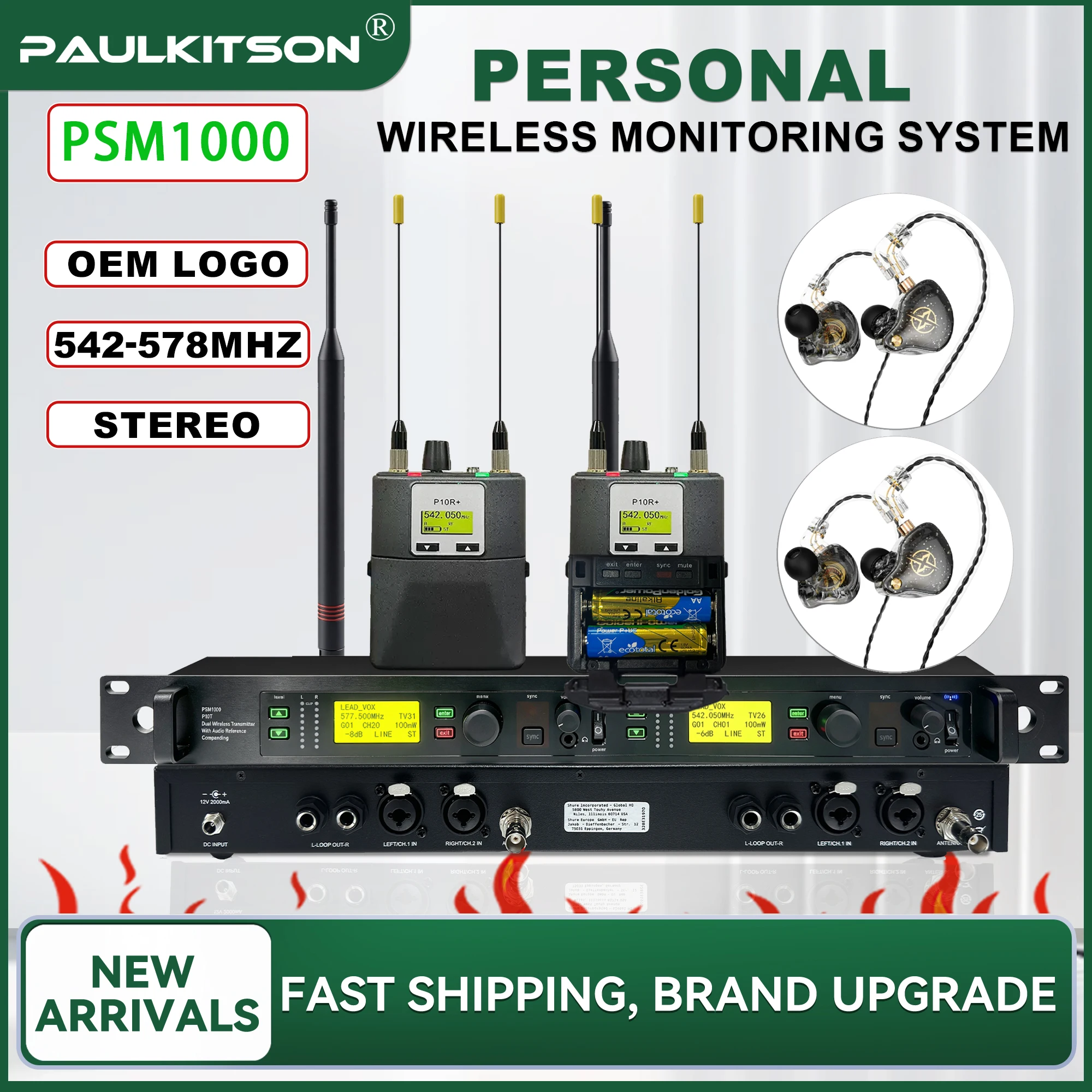 Paulkitson PSM1000 Wireless In‑Ear Monitor System 542‑578MHz Stereo P10T Transmitter P10R Receiver for Stage Studio Performance