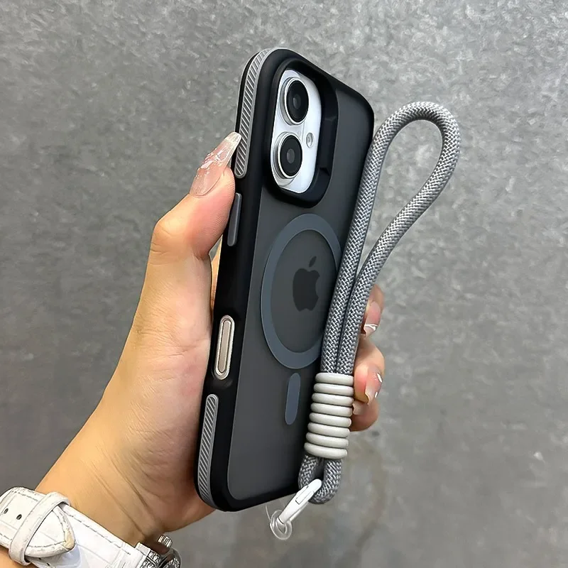 حافظة Magsafe فاخرة مع حبل غير لامع لهاتف iPhone 16 15 14 13 12 11 Pro Max Plus غطاء حزام معصم مغناطيسي لاسلكي للشحن