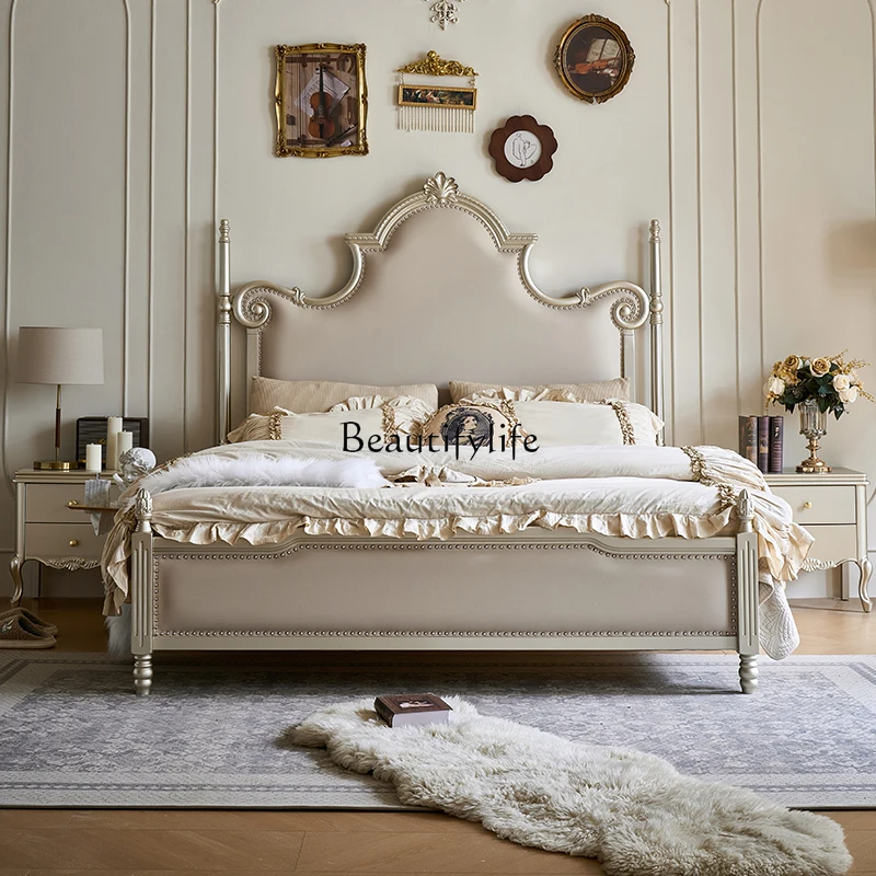 French full solid wood double bed carved luxury European villa high PC and console game bedroom luxury American light luxury
