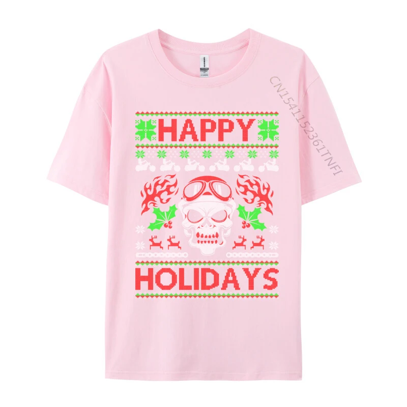 Motorcycle Happy Holidays Biker Ugly Christmas Skull T-Shirt All Cotton Tops T Shirt Fitness Tight T-Shirt Round Collar