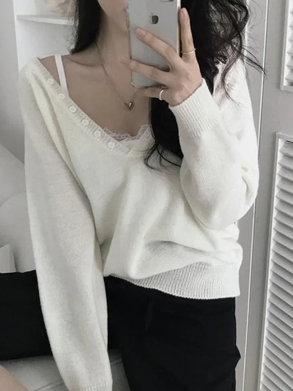 Korean Style Chic Button up V-Neck Loose Long Sleeve Knitwear Early Autumn Lightweight  Color Overhead Sweater Top
