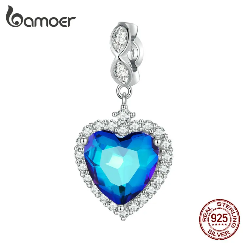 Bamoer 925 Sterling Silver Blue Heart of the Sea Hanging Bead Love Pendant Charms for Women Bracelet DIY Fine Jewelry BSC775