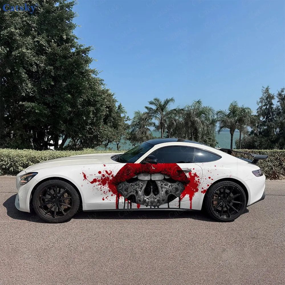 

Red Gold Plated Lips Skull Car Side Wraps, Self-Adhesive PVC Waterproof & Scratch-Resistant Stickers, Car Accessory Gift