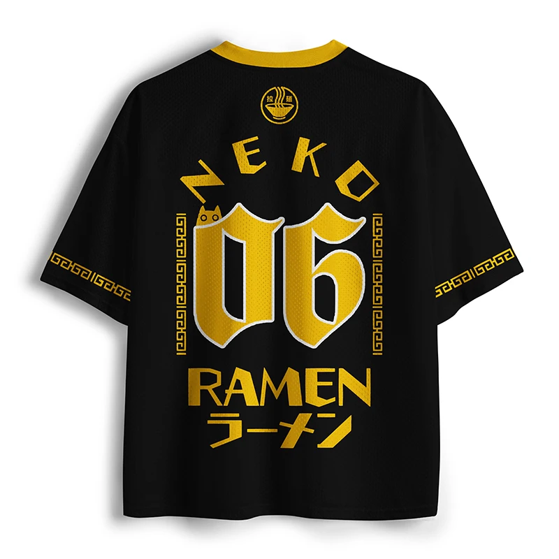 Neko Ramen Cat Japanese Food Mesh Soccer Shirt for Adults and Children Black Yellow V-neck T-shirt