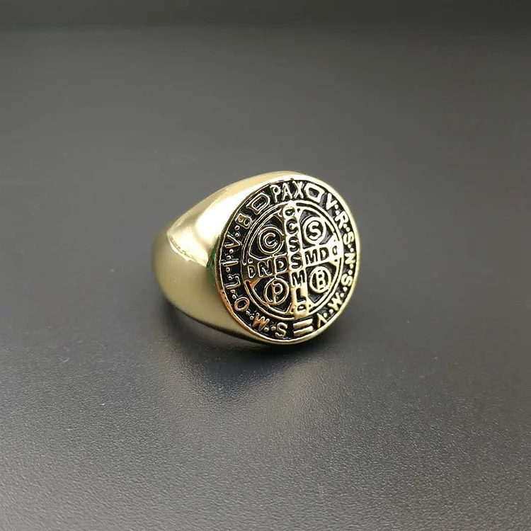 Catholic Patron Saint St Benedict of Nursia Holy Medal Cross Ring 316L Stainless Steel Mens Jewelry VRSNSMV SMQLIVB NDSMD CSSML