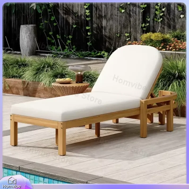 Acacia Wood Outdoor Recliner Chair with 5-Position Adjustable Backrest Curved Ergonomic Design Foldable Leisure Patio Lounge