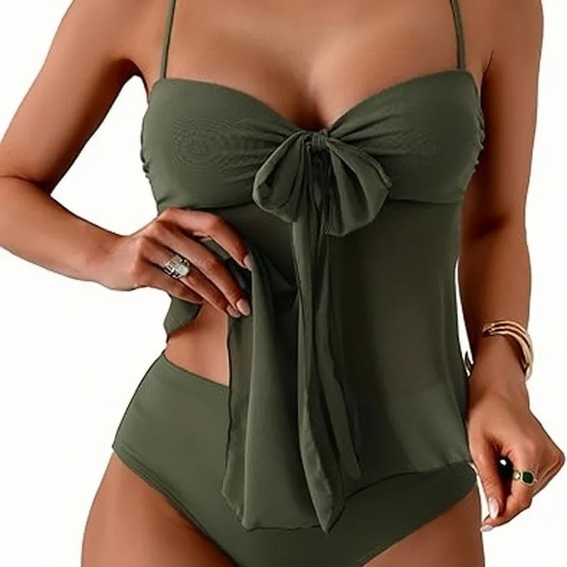 JEWELRY SEN Women Tankini Swimsuit Spaghetti Strap Mesh Ruffle Tummy Control Solid Color Beach Bathing Suit Summer Swimwear