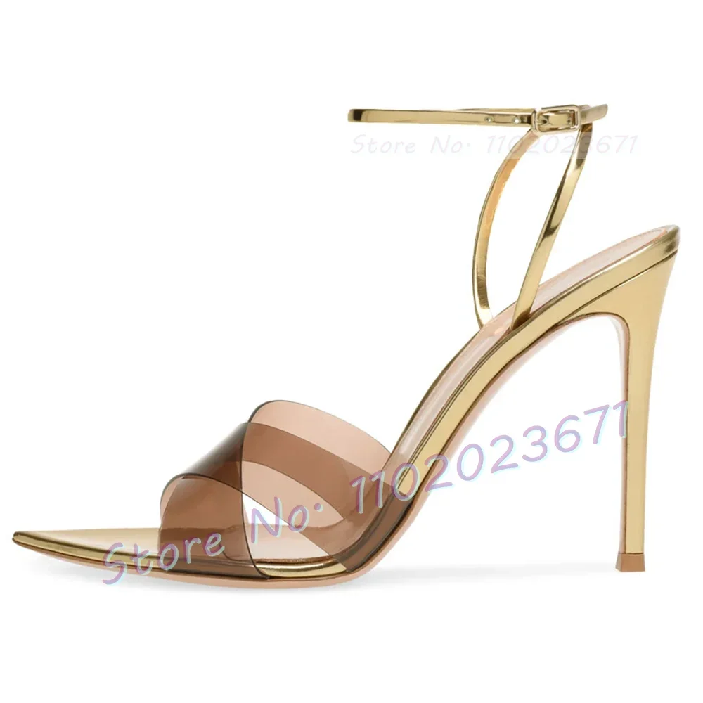 Brown Pvc Strap High Heels Sandals Women Sexy Open Pointy Elegant Gold Shoes Summer Office Lady Chic Transparent Party Shoes