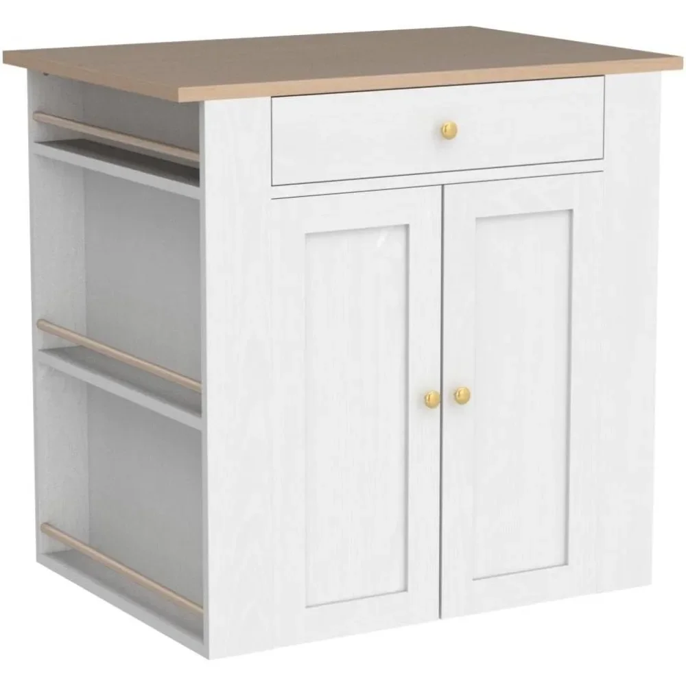 Kitchen island with storage space, large and orderly storage space with power board, 2 cabinets and 2 open shelves