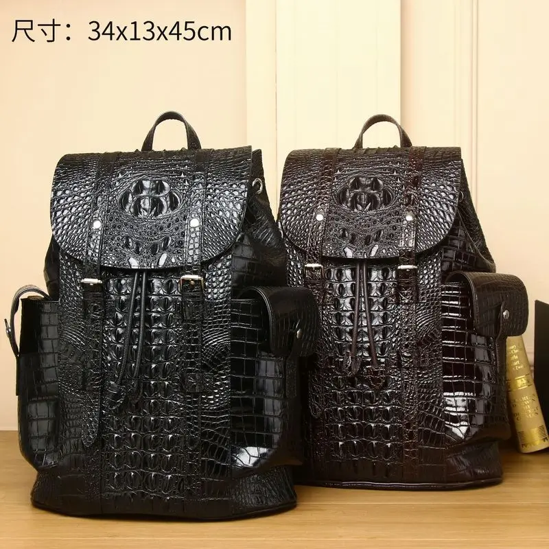 Genuine Cowhide Crocodile Pattern Travel Backpack - Unisex Large School Bag for Students & Office Workers with Anti-Theft Zipper