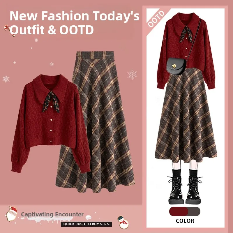 

Autumn Winter Retro Style Women's Knitted Sweater High Waist Plaid Skirt Two-Piece Set Festive Atmosphere Red Slimming E...