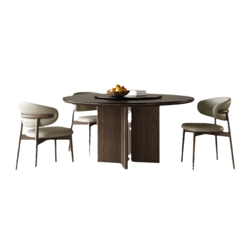 

Slate round dining with turntable small apartment Italian minimalist living room walnut solid wood dining table household