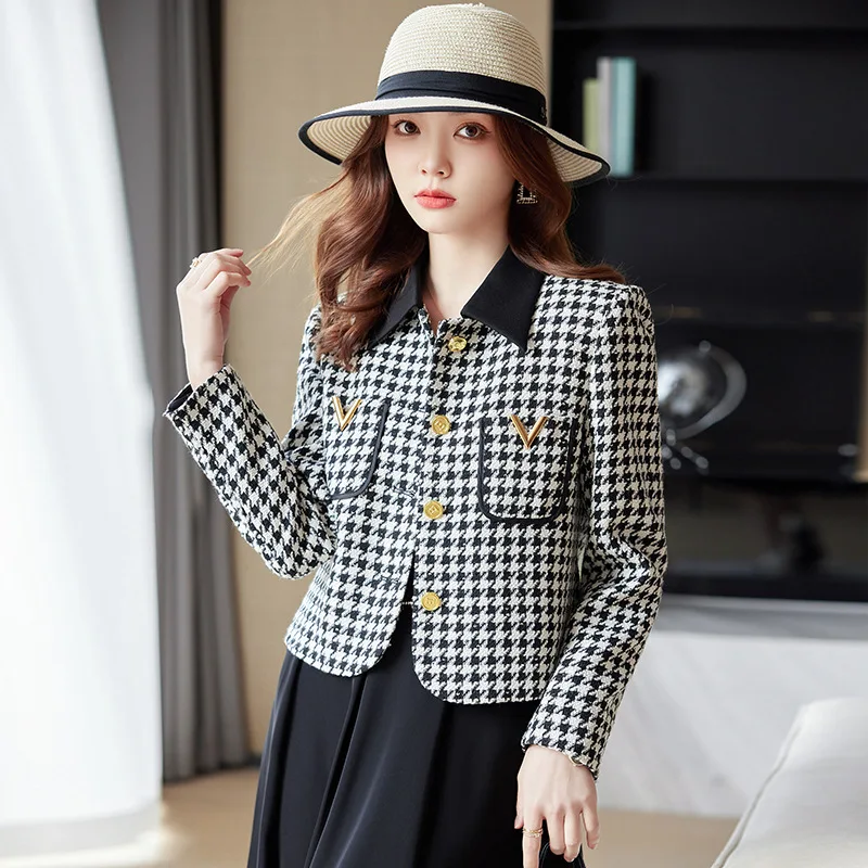 High quality wool blend blazer for women short plaid jacket single breasted spring 2024 elegant fashion clothes - white purple