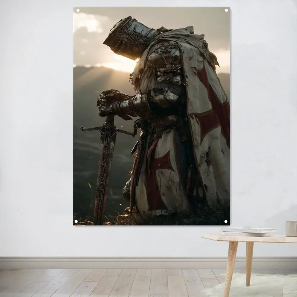 Unique Knights Templar Armor Art Posters Tapestry Vintage Crusader Flag & Banner Art Print Wall Hanging Mural Wall Decoration