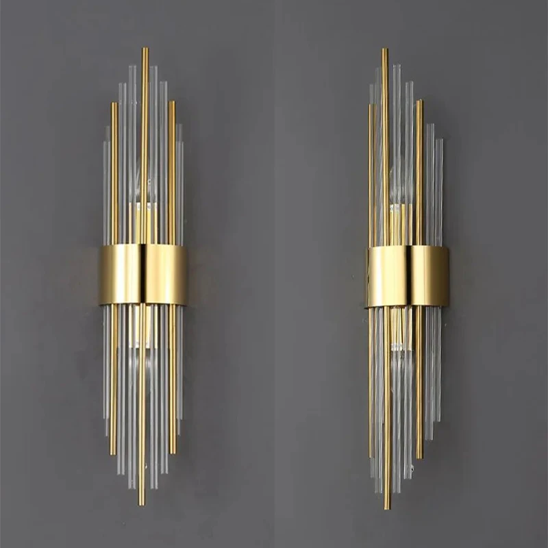 Lámpara de pared de salón moderna de lujo, cuerpo de Metal dorado, tubo de vidrio, candelabro de pasillo de Hotel, decoración de dormitorio, brillo de iluminación arriba y abajo