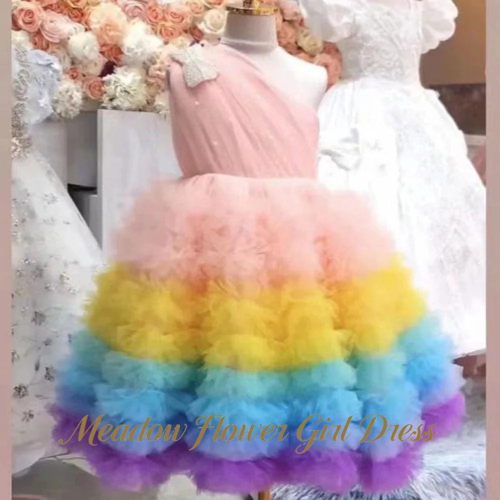 Meadow Rainbow Gradient Princess Girls Dress One Shoulder Ball Gown Party Tutu Dresses Sleeveless Tutu Fluffy Prom Gown