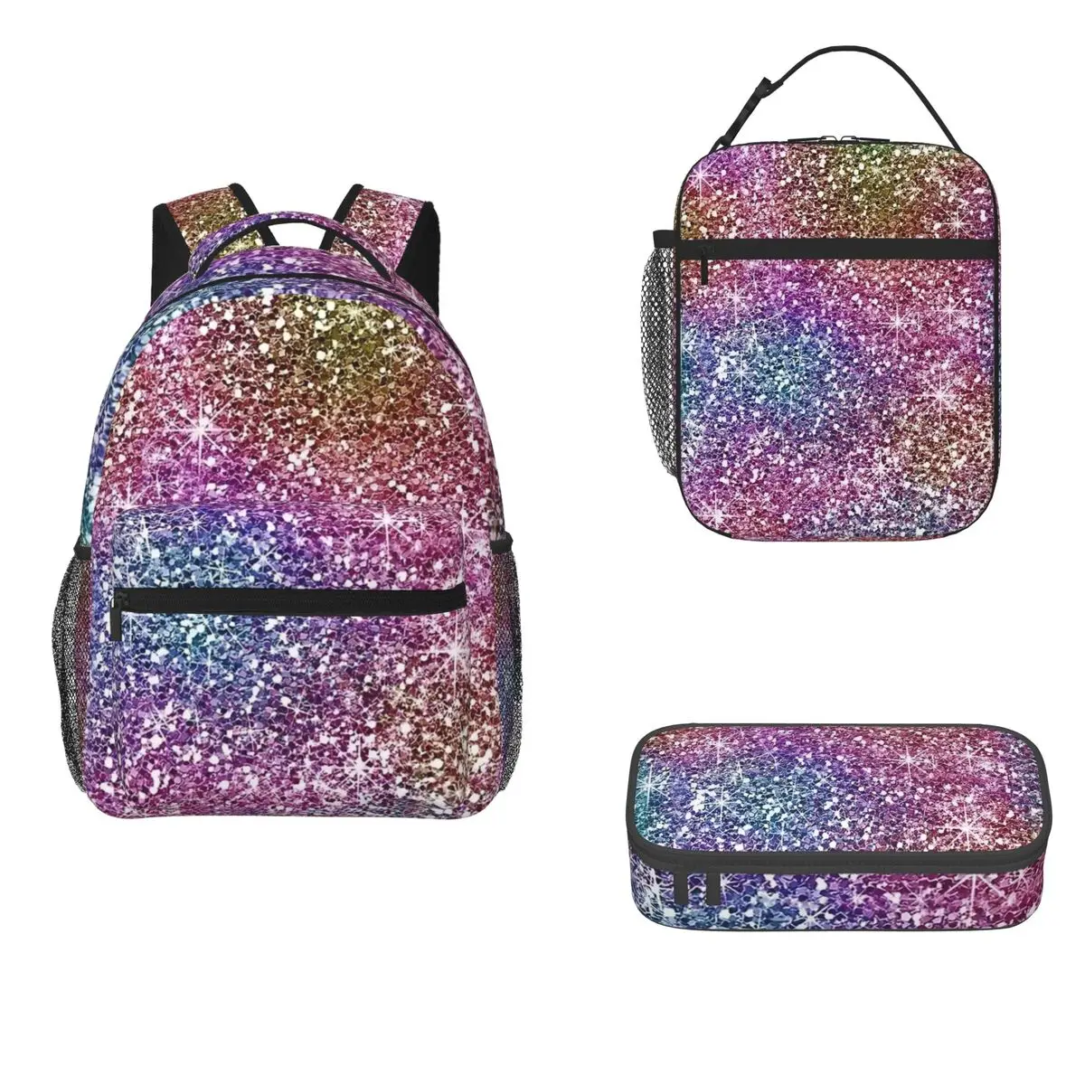 Rainbow Glitter Texture Backpacks Boys Girls Bookbag Students School Bag Cartoon Kids Rucksack Lunch Bag Pen Bag Three-Piece Set