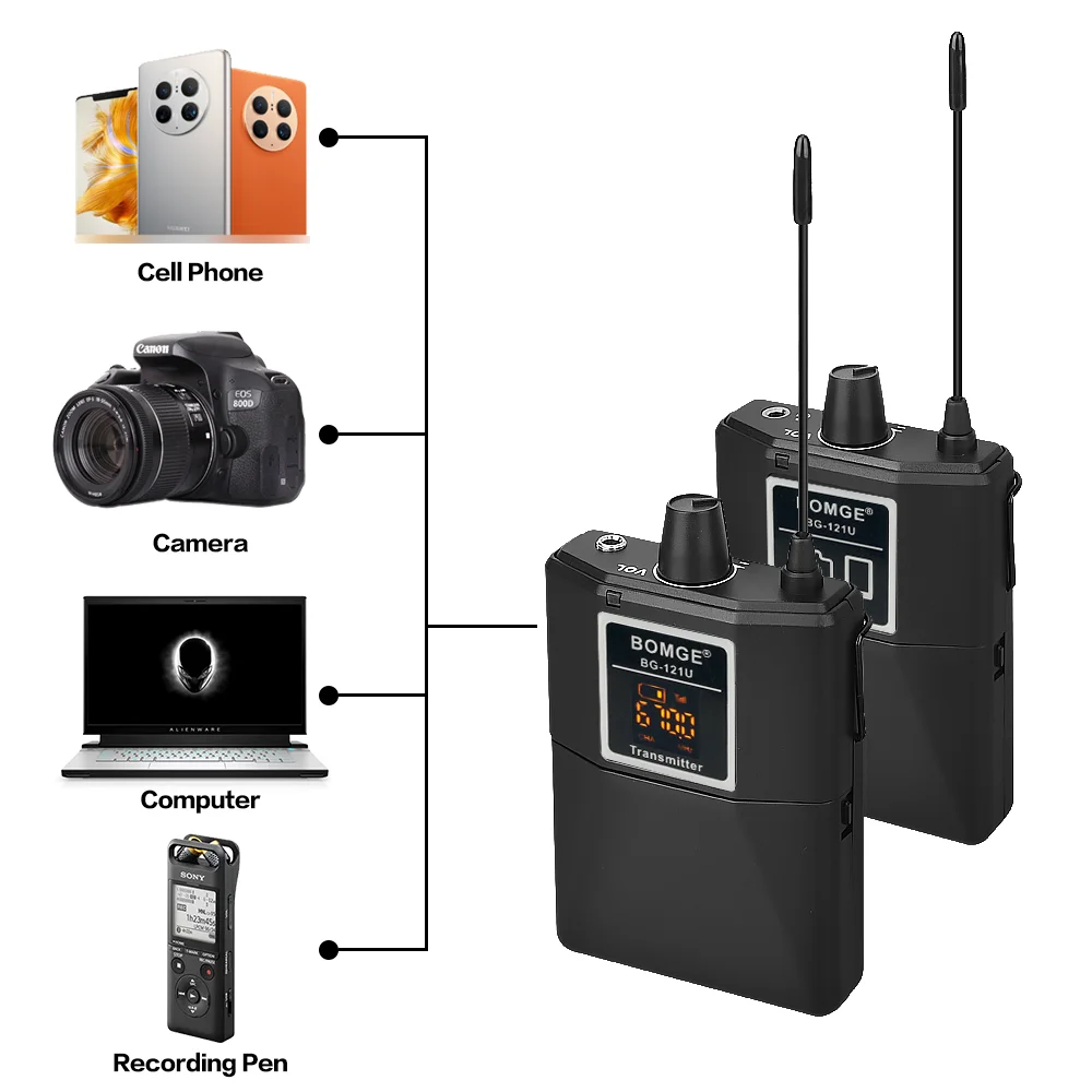 Sistema de micrófono de cuello inalámbrico BOMGE Micro auriculares entrevistas iPhone Android teléfono inteligente PA altavoces DSLR Cámara de instrucción y tableta 164 pies