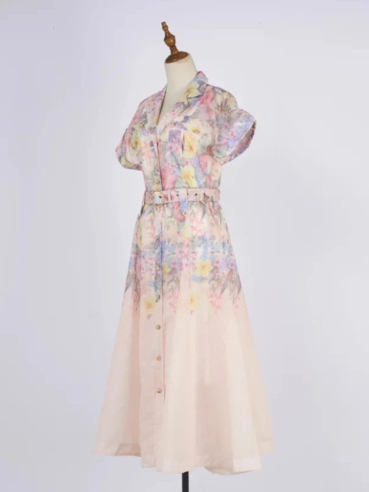 Australia Z BrandColorful Patchwork Button Street A-Line Skirt Silk and Linen Two-Piece Dress for Women