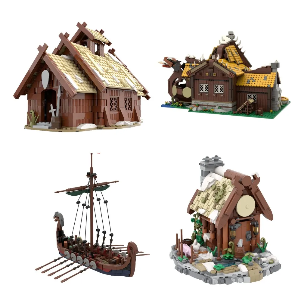 BuildMOC Winter House Viking Mead Hall Village Building Block Kit Farm Medieval  Architecture Ship Boat Longship Snow HouseBrick