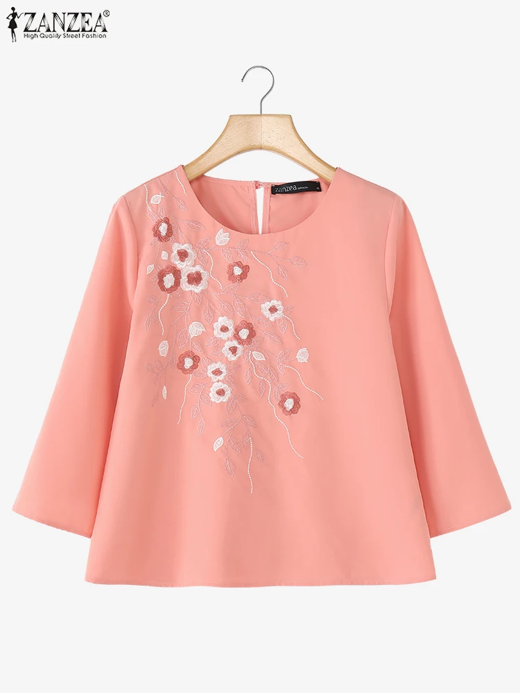 

ZANZEA Autumn Blouses Women Embroidered Tops Elegant Work Shirt 2025 Fashion O Neck 3/4 Sleeve Blusas Female Chemise Oversize