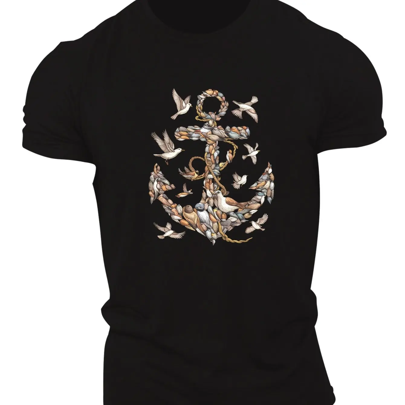 Men Black Shirt with Detailed Anchor and Birds Graphic Nautical Theme Artistic Design Short Sleeve Casual Wear Perfect for Summe