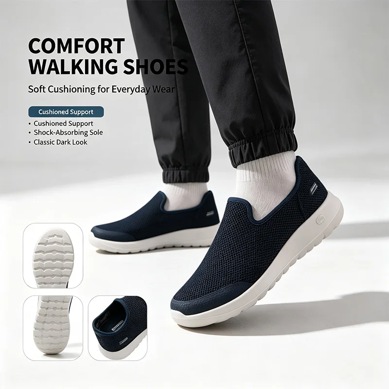 Skechers Official Genuine GO WALK MAX Men Slip-On Walking Shoes Slip on no tie Light weight Sneakers 216700-NVY
