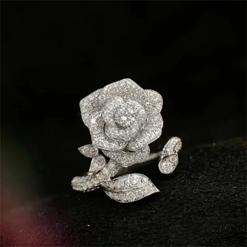 Luxurious Sparkles Full Micro Pave CZ Swirl Vine Leaf Bloom Rose Cocktail Rings for Women Party