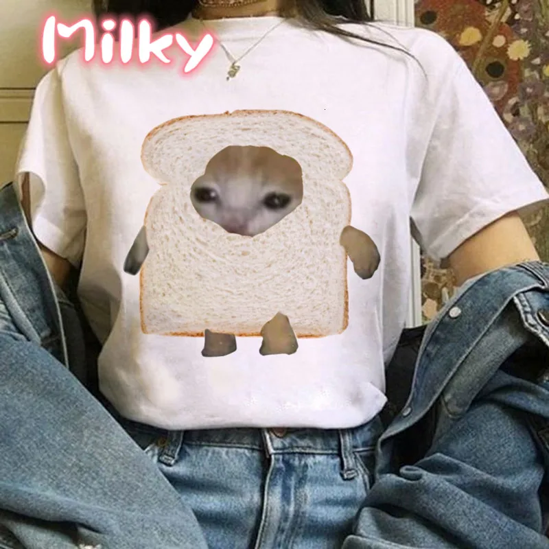 2024 Summer Bread Cat Printed Short-sleeved Women Meme T-shirt Female Loose Ins Cartoon T Shirt Y2k Top Harajuku Cute Clothes