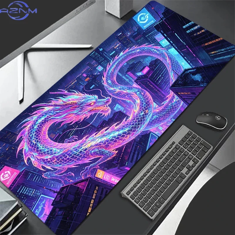 Neon Cyberpunk Dragon City Mousepad Rubber Non-Slip Large Desk Mat Purple Blue Glow Dragon Keyboard Pad for Gaming Office