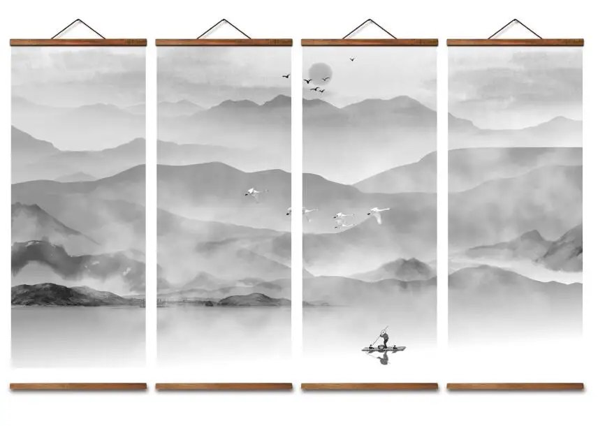 MT4018 Chinese Style fishing boat swallow landscape Decorative Wall Art Canvas Posters Solid Wood Scroll Paintings