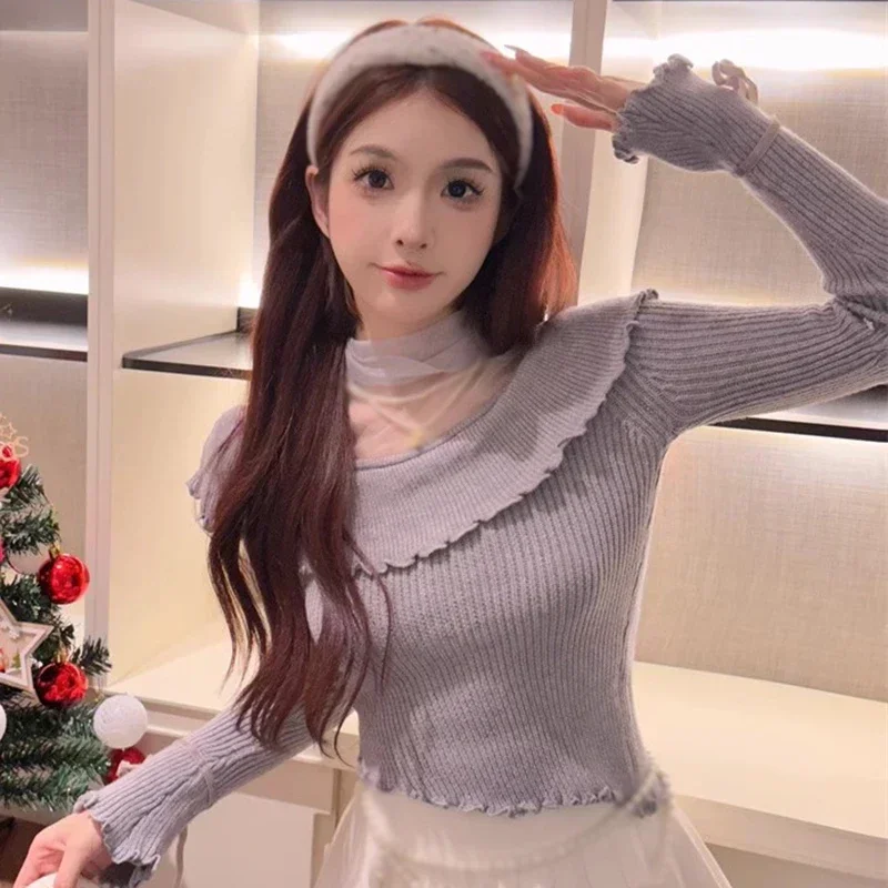 

Women's autumn and spring mesh stitching knitted top solid color irregular slim sweet fashion knitted long sleeve pullover