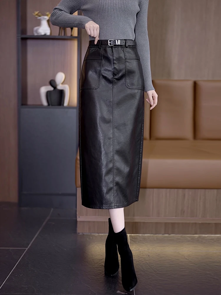 High Waist Fleece Lined PU Leather Skirt Women's Autumn Winter New Style One Step Wrap around Midi Skirt Casual Comfortable