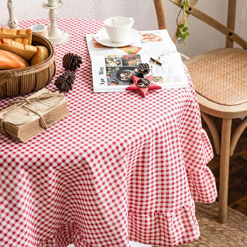 Red White Buffalo Plaid Christmas Tablecloth Ruffled Round/Rectangular Tablecover for Vintage Kitchen Dinning Wedding Decoration