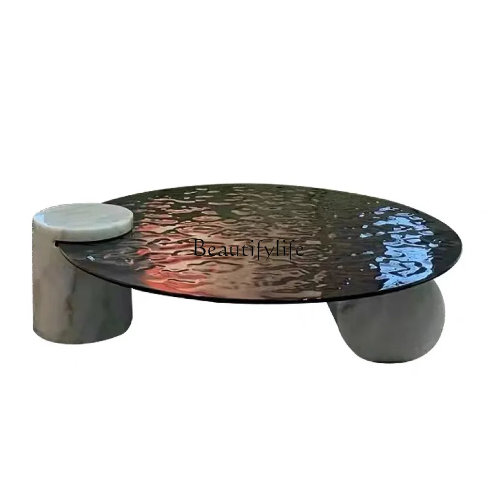 ls 51 Water ripple tempered glass coffee table household small apartment light luxury modern Italian minimalist round edge table