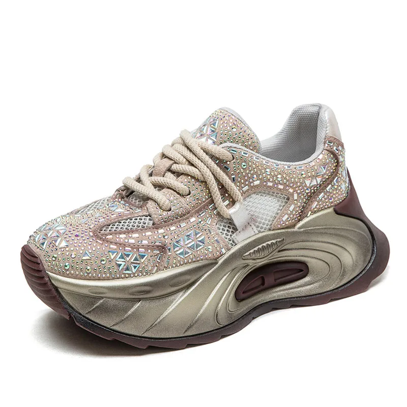 DRKANOL 2026 Summer Platform Casual Sneakers Women Breathable Air Mesh Shoes Thick Sole Shining Rhinestone Dad Shoes H7275-29J