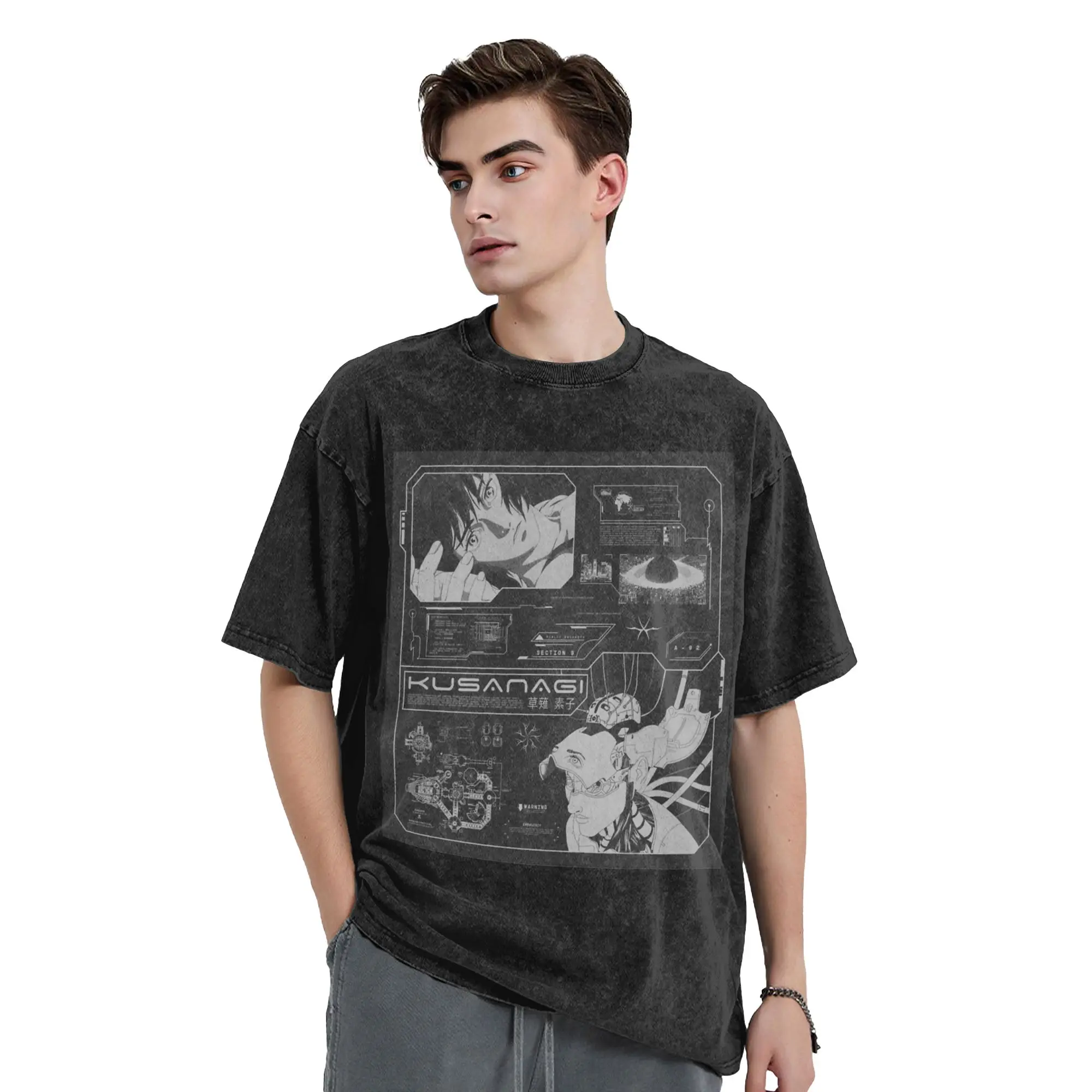 Ghost in the shell Anime Vintage Washed T Shirt 100% Cotton Crazy T-Shirts Crewneck  Tees Short Sleeve Clothing 4XL 5XL