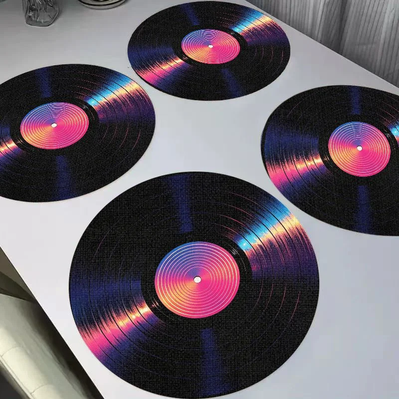 VIKAMA Retro Sun Vinyl Record Circular Linen Placemat Heat-Insulating And Wear-Resistant Dining Table Mat Desktop Decoration