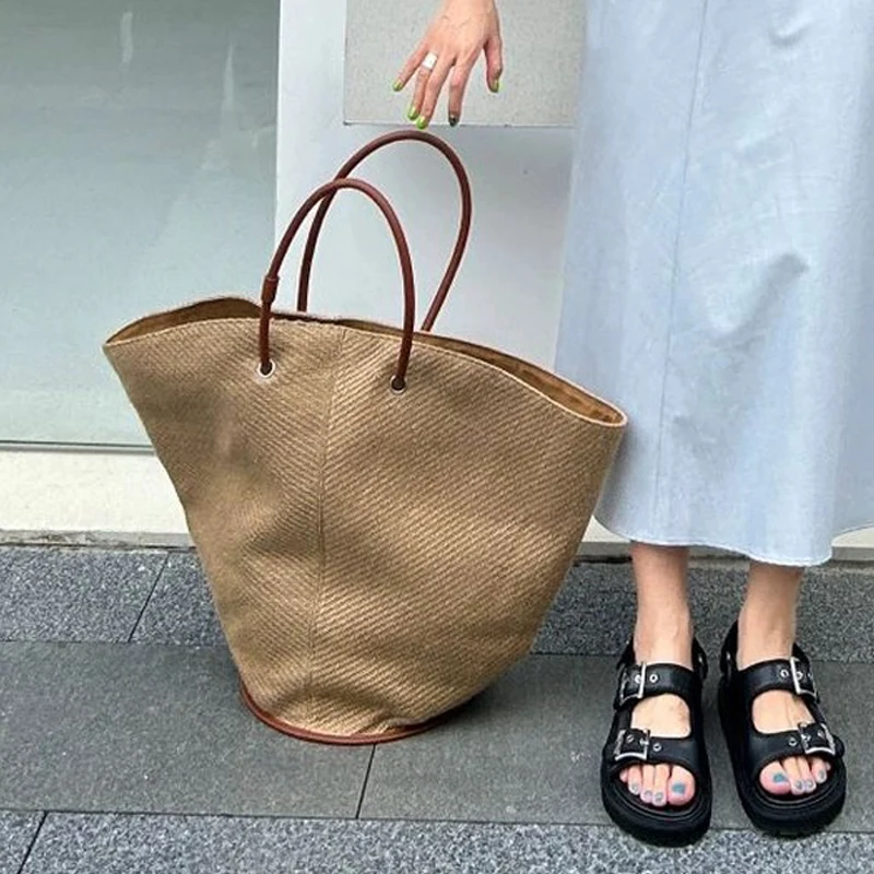 Bucket Straw Bags For Women Luxury Designer Handbags And Purse 2023 New In Casual Large Capacity Shoulder Tote Travel Beach Bag