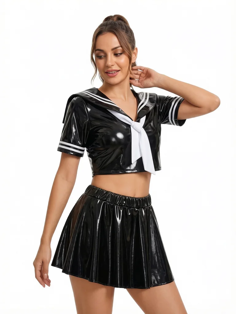 Fashion Cloth Latex Cheerleading Uniform V Neck Tank Tops With Pleated Mini Skirts PVC Shiny Nightclub Dance Women's Dress Sets