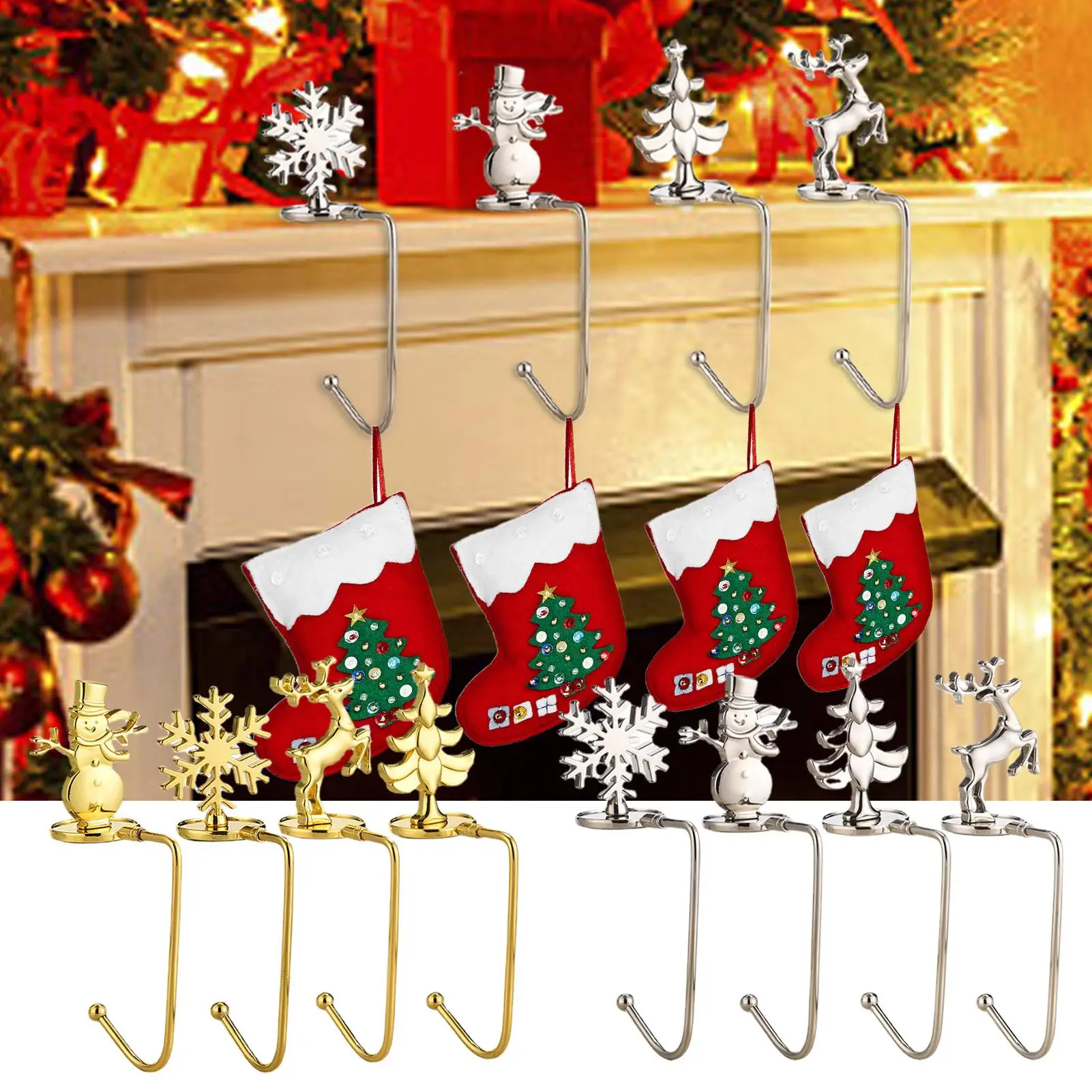 Christmas Stocking Holders 4pcs Christmas Tree Reindeer Snowflake Snowman Decorative Stocking Holder Set Christmas Mantle Decor