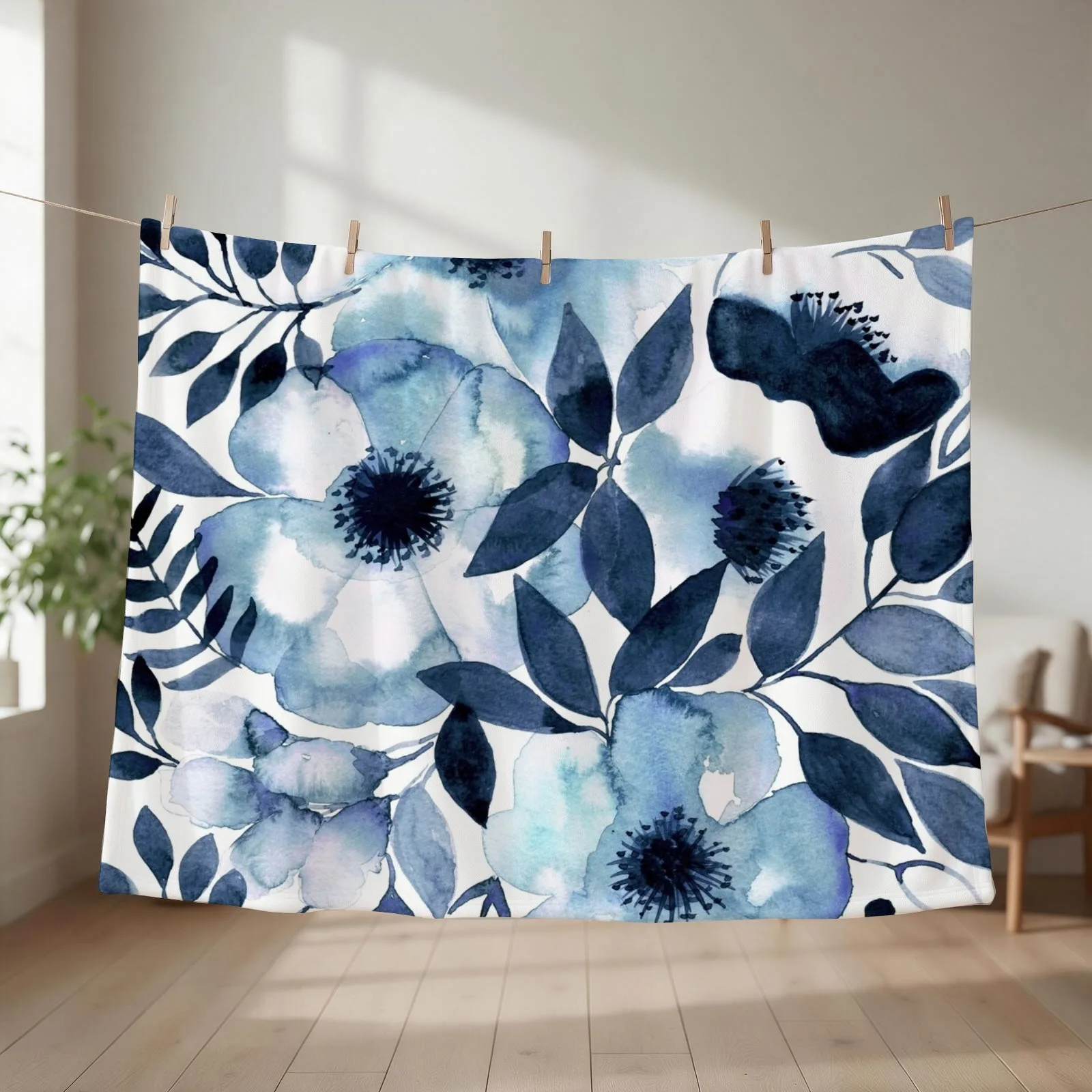 Hamptons style navy blue watercolour floral painting Throw Blanket couch cozy soft plush fuzzy picnic outdoor blanket
