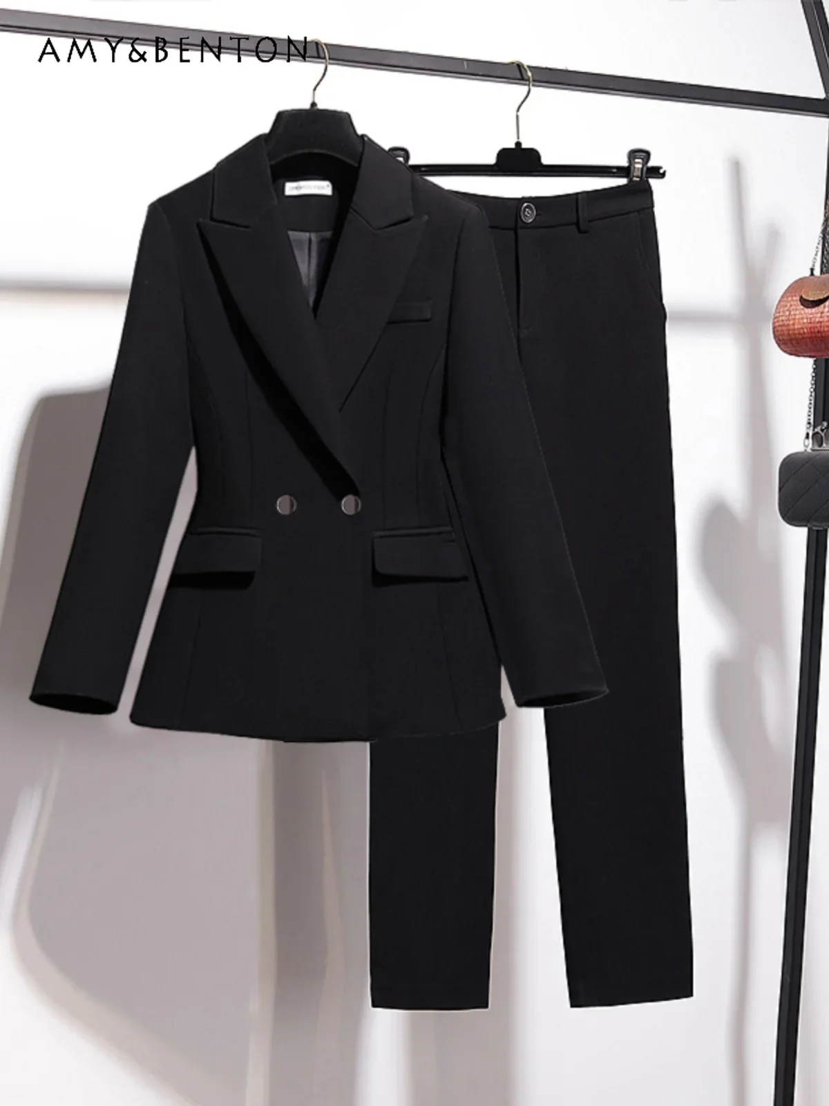 

High End OL Temperament Commuter Style Suit Outfits Spring Autumn Workplace Work Clothes All Match Black Professional Suit Women