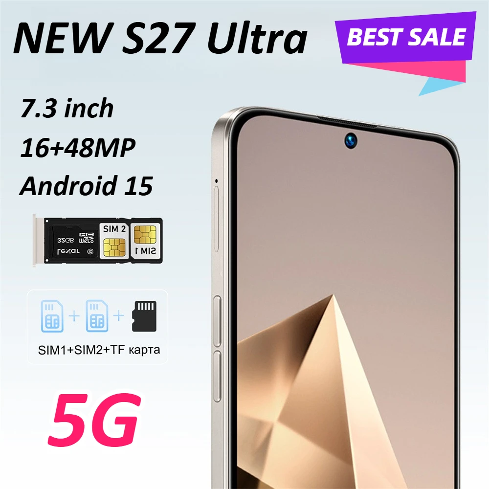 NEW S27 Ultra Original 7.3HD Cellphones 5G Dual Card Smartphone 7800mAh Android 15 Cheap Global Version Mobile Cell Phones