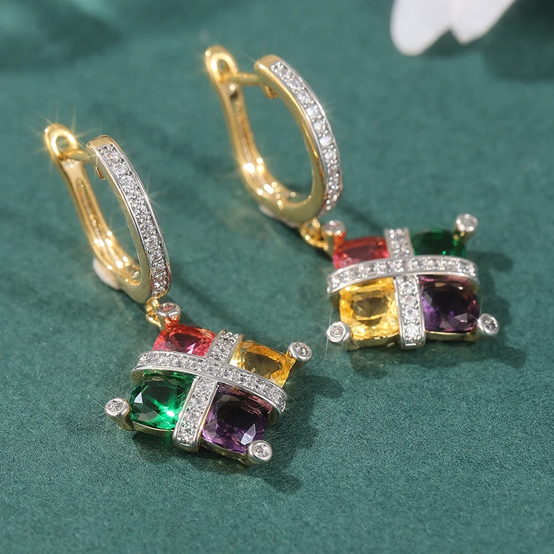 Delicate Trendy Colorful Square Inlaid Zircon Pendant Earrings Women's Personalized Dangle Ear Accessories Banquet Party Jewelry